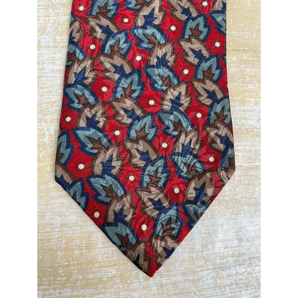 Vintage Christian Dior Tie Mens Red Leaf Polyester Necktie 62” x 4” Made In USA